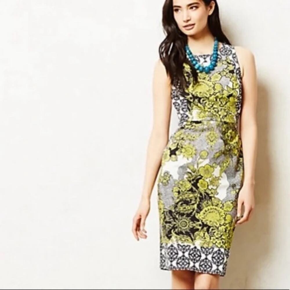 Anthropologie Aires Floral Dress 8 Fitted Shift Green Yellow Weston Wear Cotton